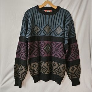 Vtg Chartwell Knit Crewneck Mens L Leather Patch Retro Colorful Geometric